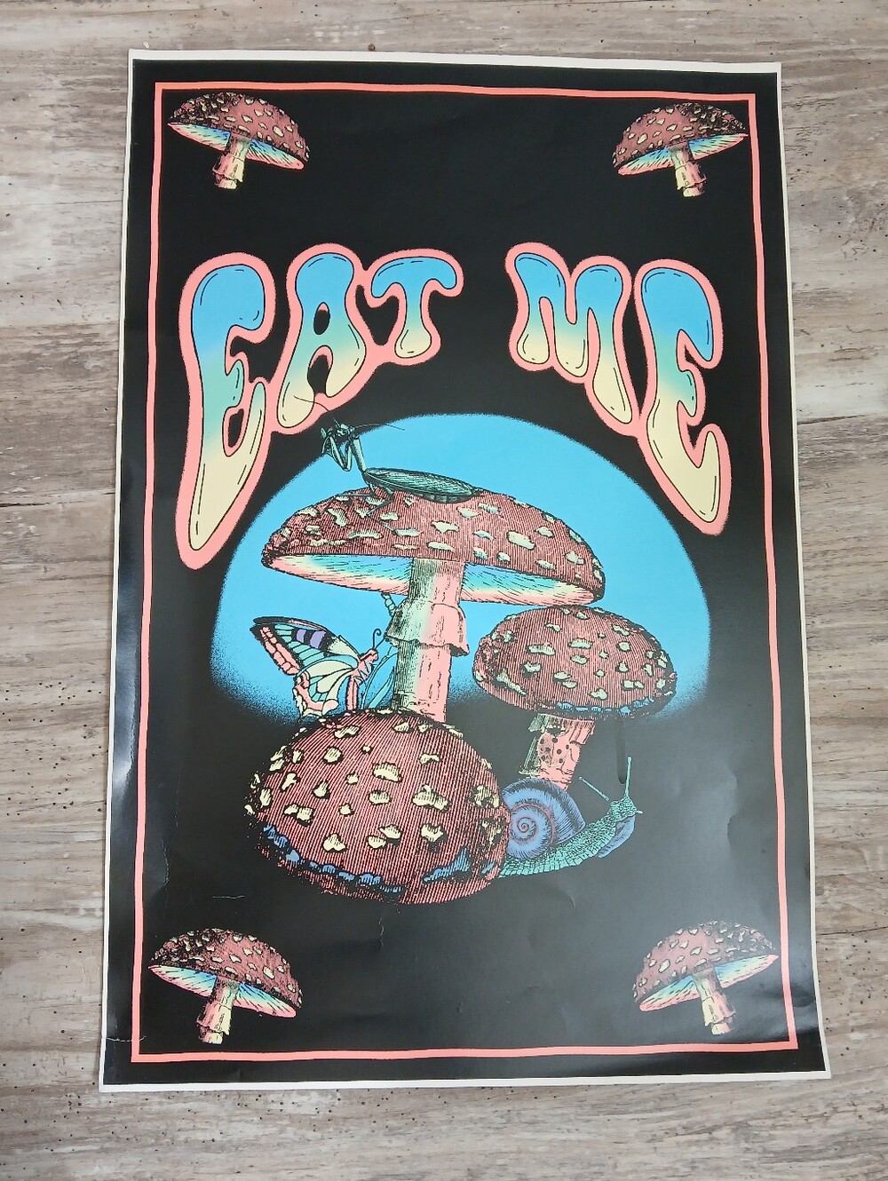 Retro Eat Me Mushroom Black Light Poster Trippy Wall Art UV Reactive
